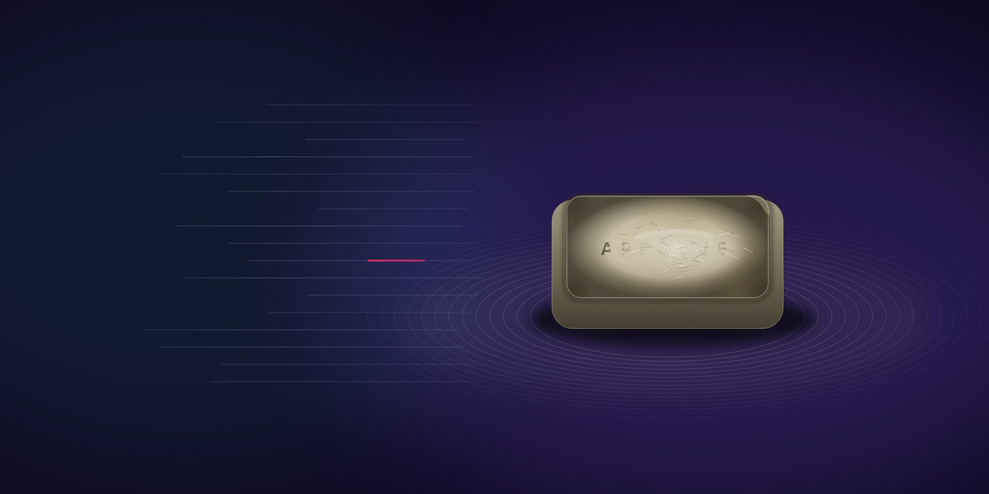 A worn ivory keyboard key labelled Approve, its centre rubbed smooth and scratched, the middle letters gone and grime in the corners. Faint rings spread around it, one for each press. To the left, the lines of an unread case fade into the dark, with one pink flag among them.